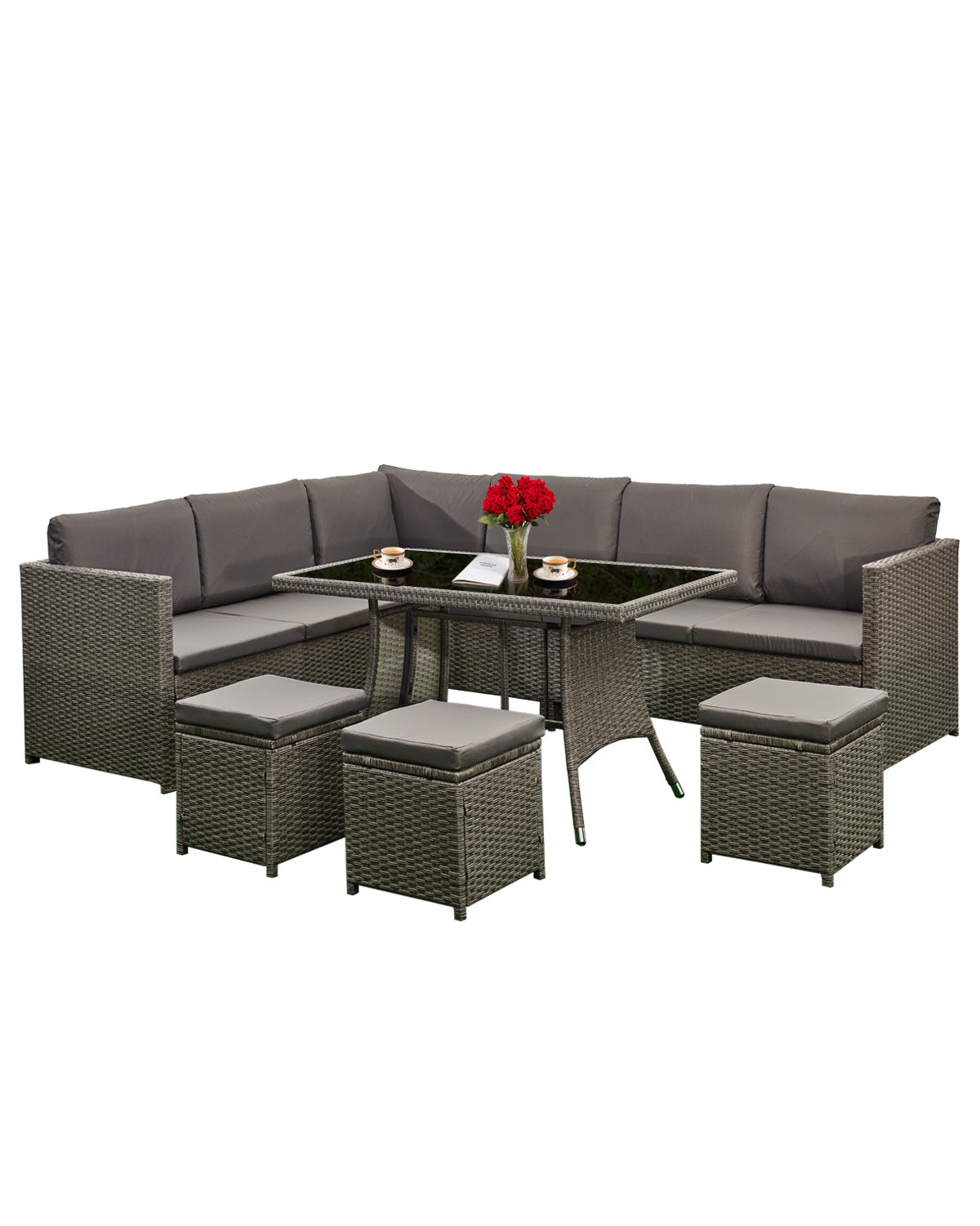Acorn 7 Pieces Wicker Outdoor Sectional Sofa with High Table and Chairs-Grey