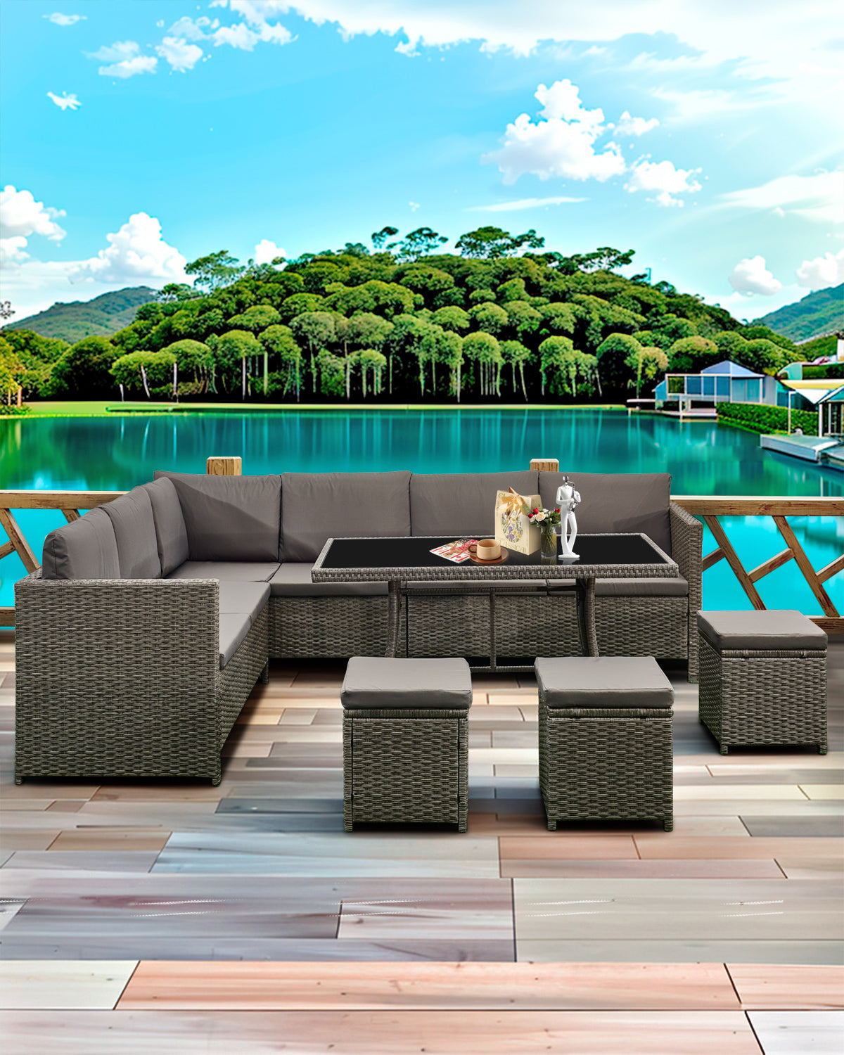 Acorn 7 Pieces Wicker Outdoor Sectional Sofa with High Table and Chairs-Grey