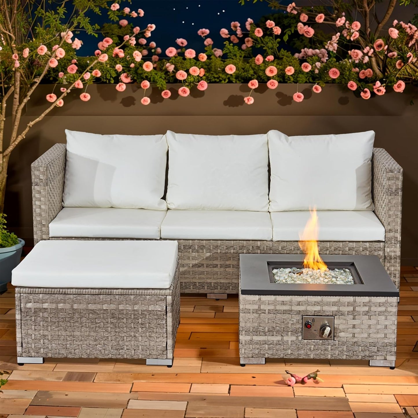 Acorn 4 Seater Rattan Garden Furniture Set with a Fire Pit Table Dove Grey