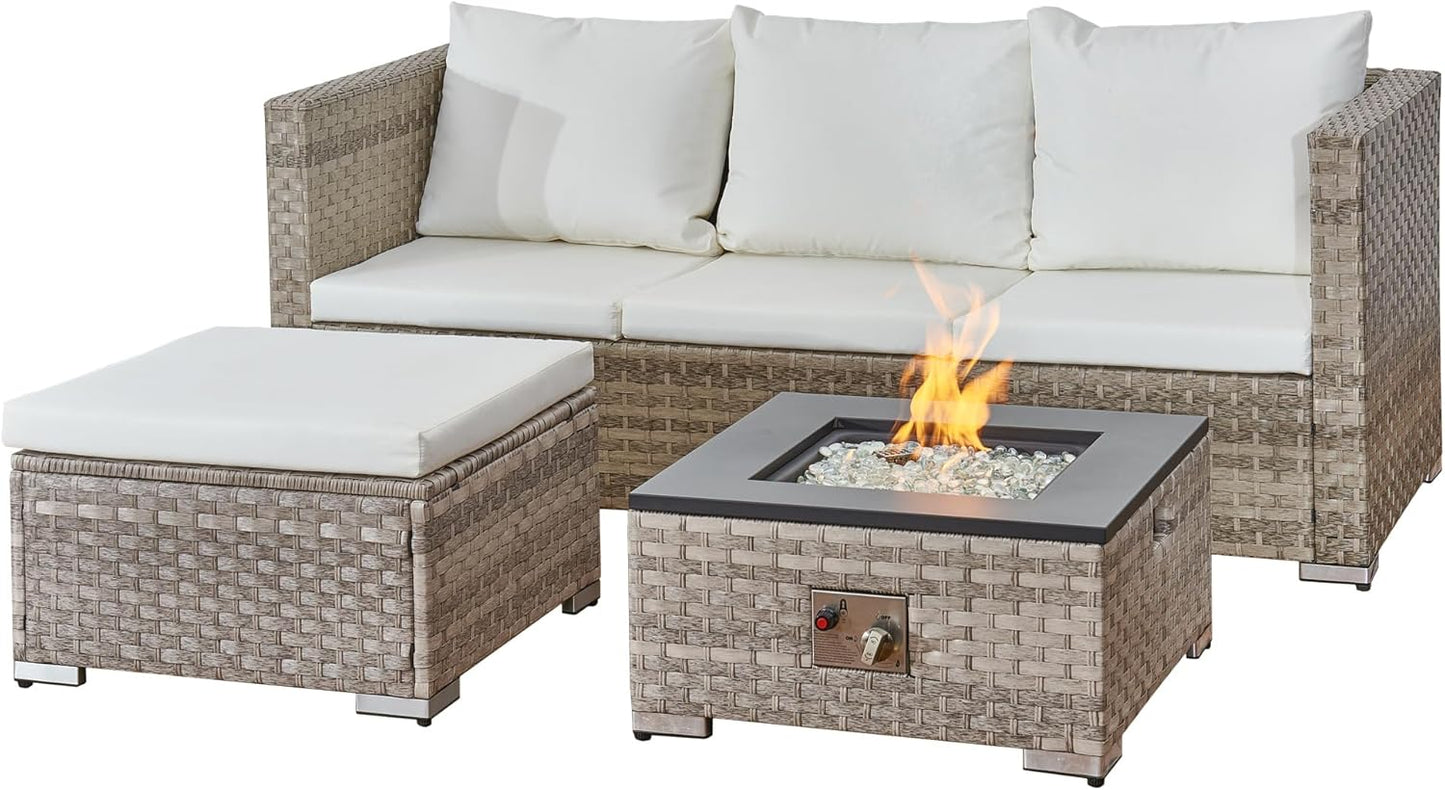 Acorn 4 Seater Rattan Garden Furniture Set with a Fire Pit Table Dove Grey