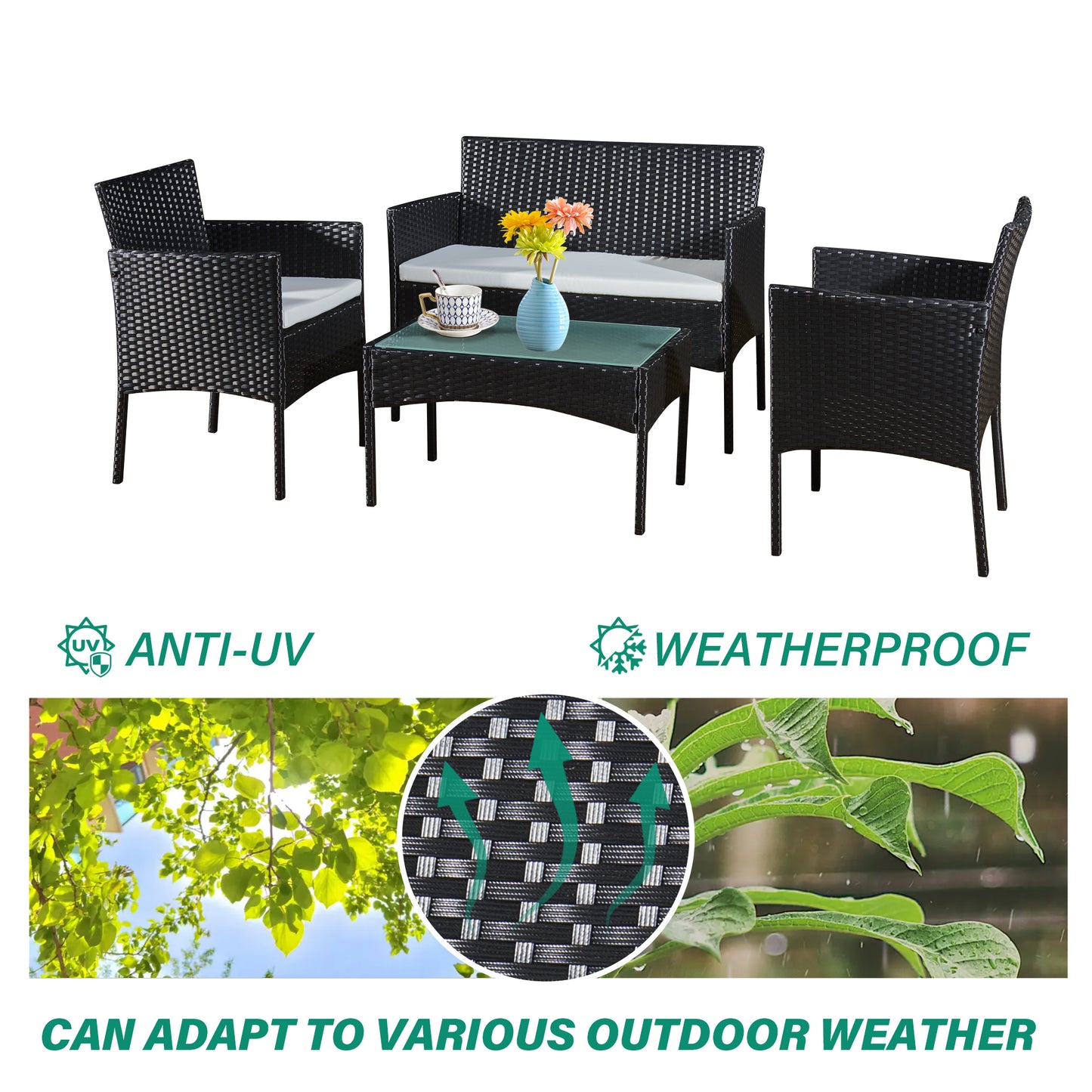 Garden Furniture Rattan Sofa Acorn Four-seater Lounge set-Black