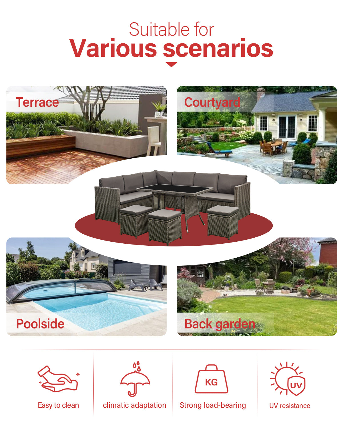 Acorn 7 Pieces Wicker Outdoor Sectional Sofa with High Table and Chairs-Grey