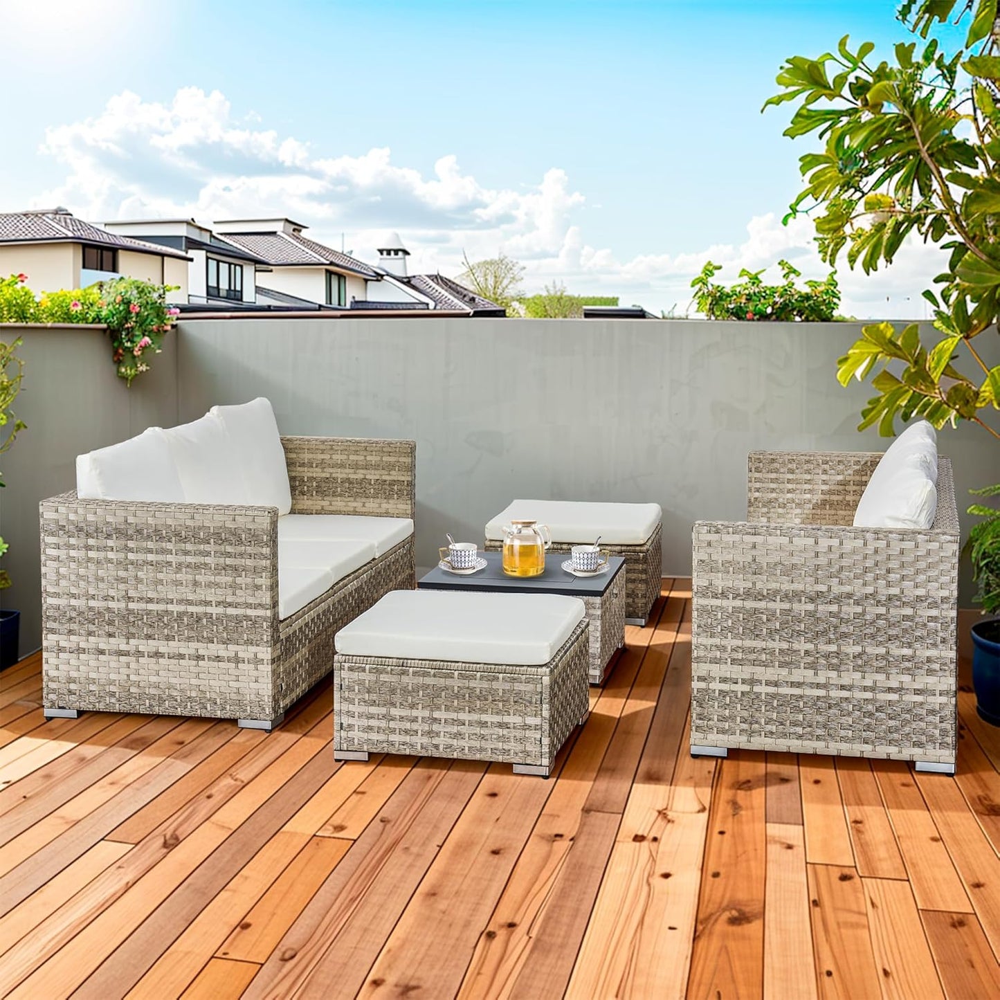 Acorn 8 Seater Rattan Garden Furniture Set with Fire Pit table Dove grey