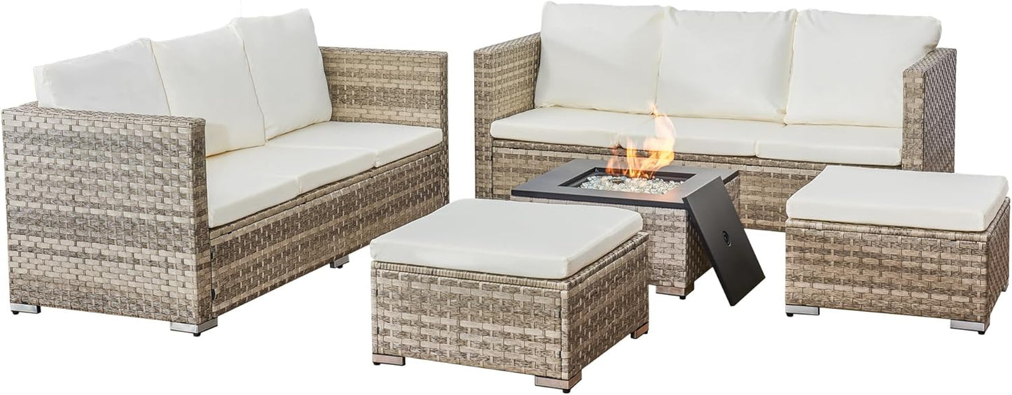 Acorn 8 Seater Rattan Garden Furniture Set with Fire Pit table Dove grey