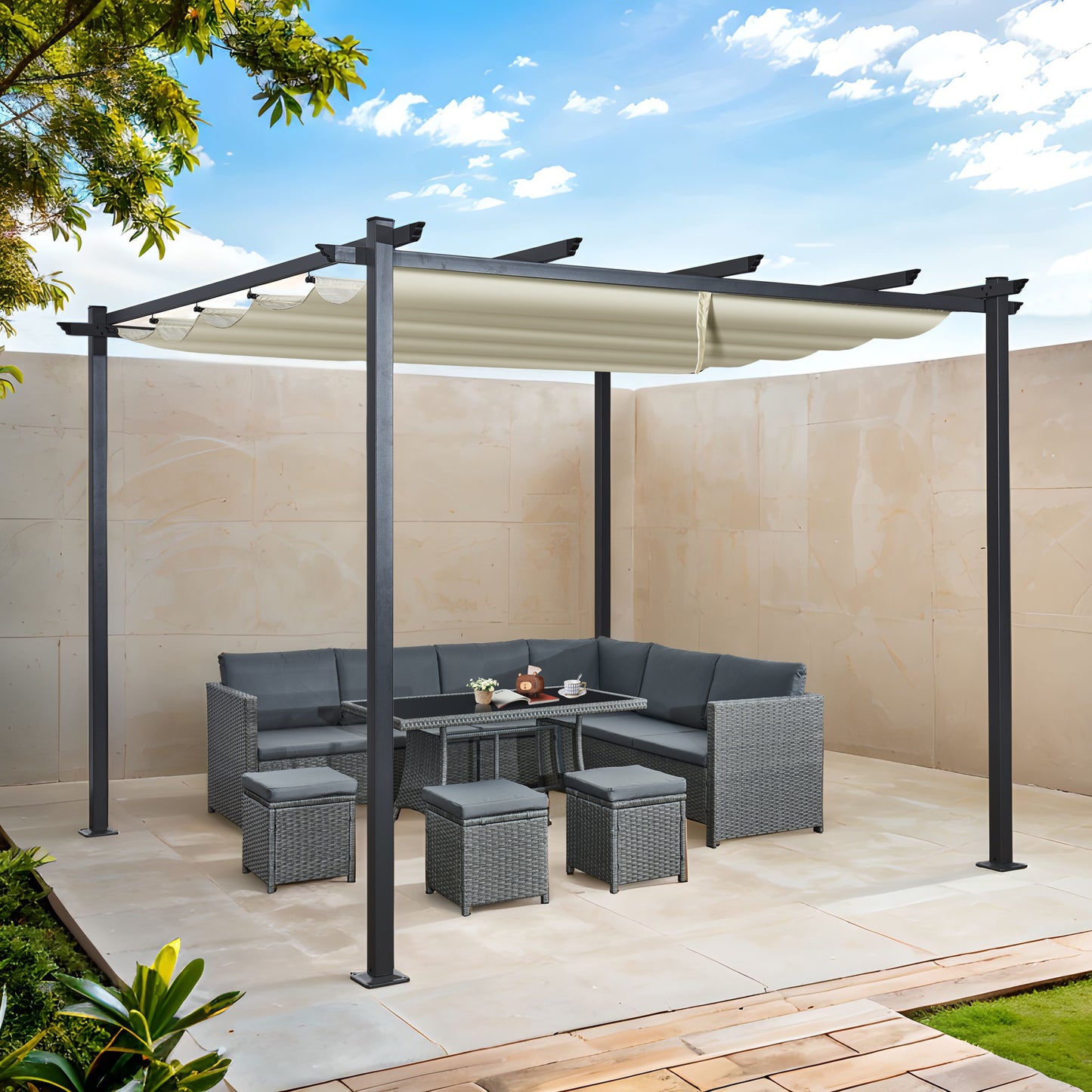 3x3m Metal Pergola with Retractable Roof, Gazebo with Sun Shade Canopy for Garden Patio Outdoor