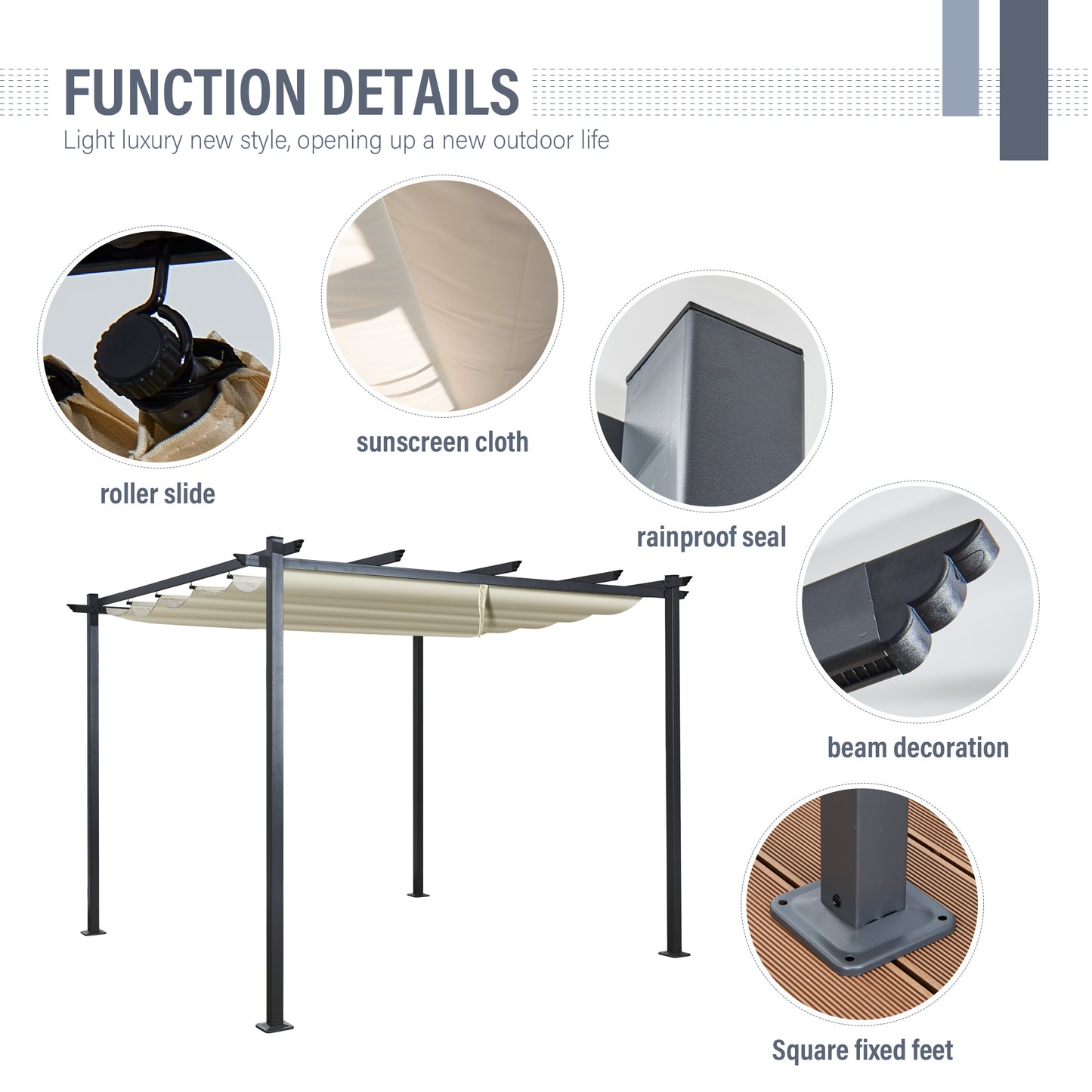 3x3m Metal Pergola with Retractable Roof, Gazebo with Sun Shade Canopy for Garden Patio Outdoor