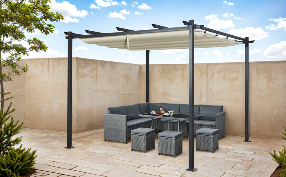 3x3m Metal Pergola with Retractable Roof, Gazebo with Sun Shade Canopy for Garden Patio Outdoor