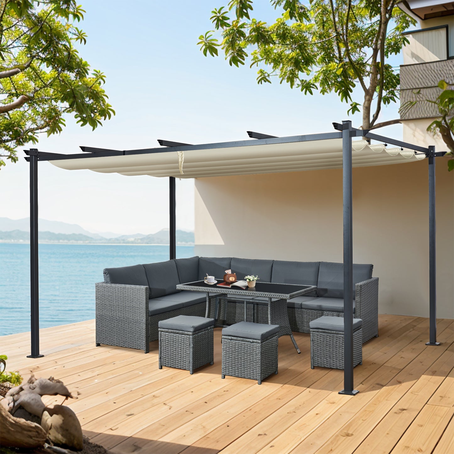 3x4m Metal Pergola with Retractable Roof, Gazebo with Sun Shade Canopy for Garden Patio Outdoor