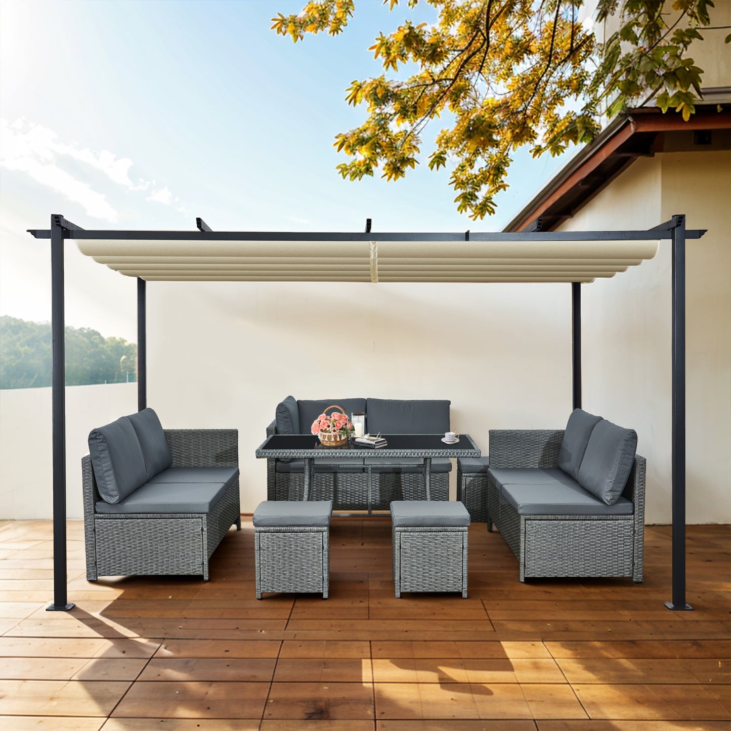 3x4m Metal Pergola with Retractable Roof, Gazebo with Sun Shade Canopy for Garden Patio Outdoor