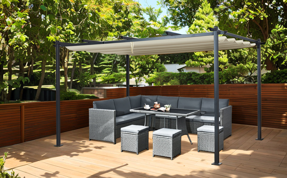 3x4m Metal Pergola with Retractable Roof, Gazebo with Sun Shade Canopy for Garden Patio Outdoor