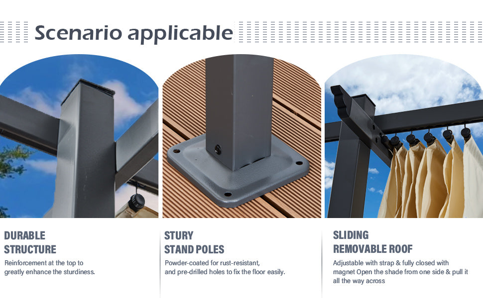 3x4m Metal Pergola with Retractable Roof, Gazebo with Sun Shade Canopy for Garden Patio Outdoor