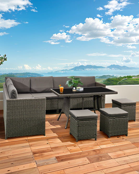 Acorn 7 Pieces Wicker Outdoor Sectional Sofa with High Table and Chairs-Grey