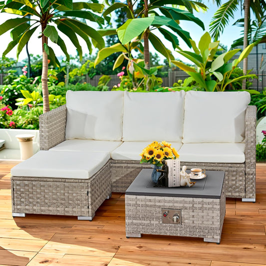 Acorn 4 Seater Rattan Garden Furniture Set with a Fire Pit Table  Dove Grey