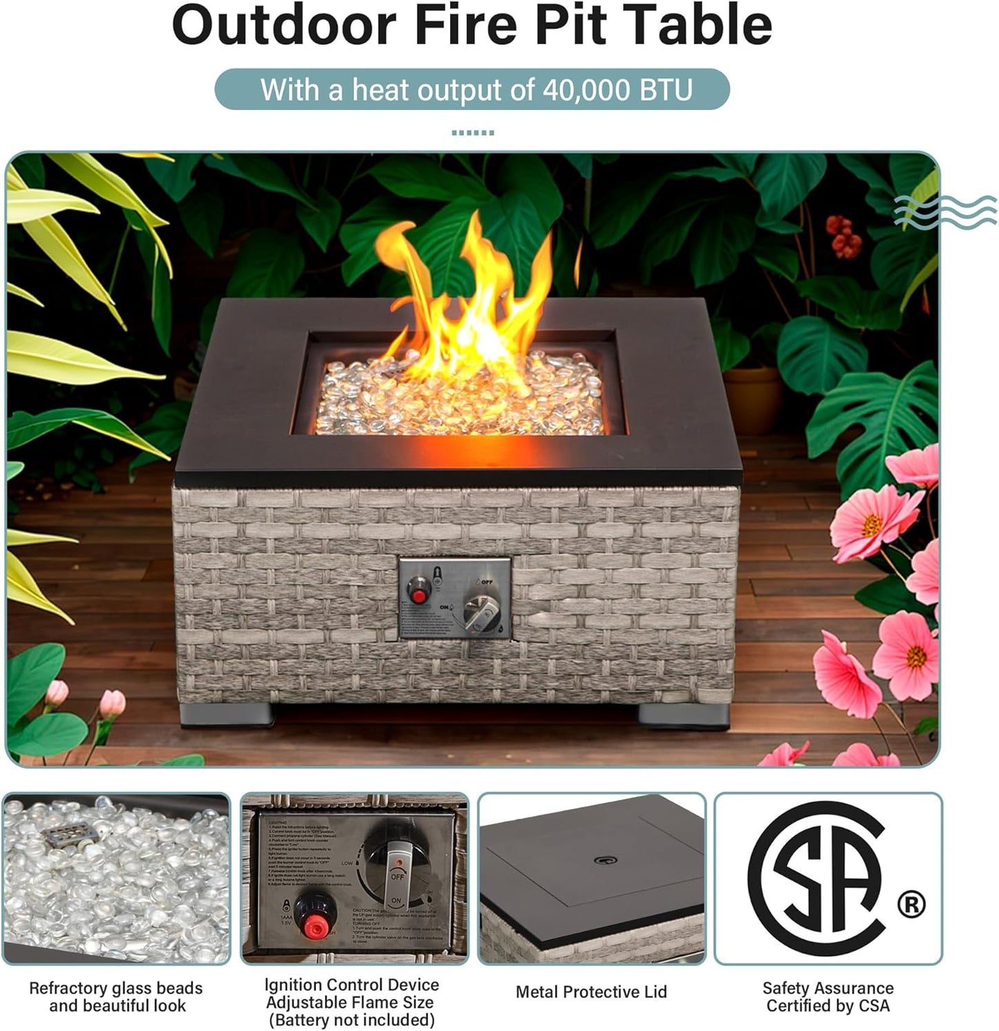 Acorn 8 Seater Rattan Garden Furniture Set with Fire Pit table Dove grey