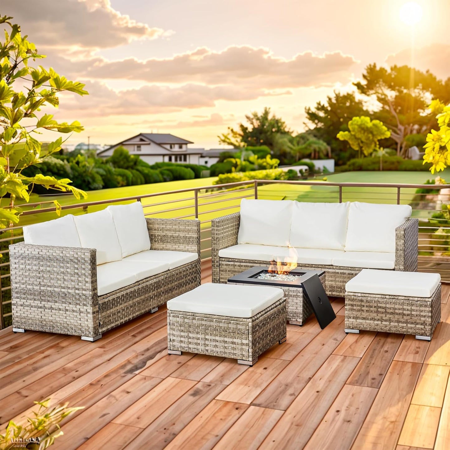 Acorn 8 Seater Rattan Garden Furniture Set with Fire Pit table Dove grey