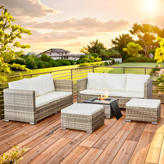 Acorn 8 Seater Rattan Garden Furniture Set with Fire Pit table Dove grey