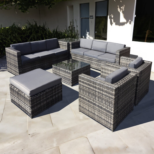 Malta Rattan Outdoor Garden Furniture Patio 9 Seat Rattan Sofa U-Shape Set Walnut Grey