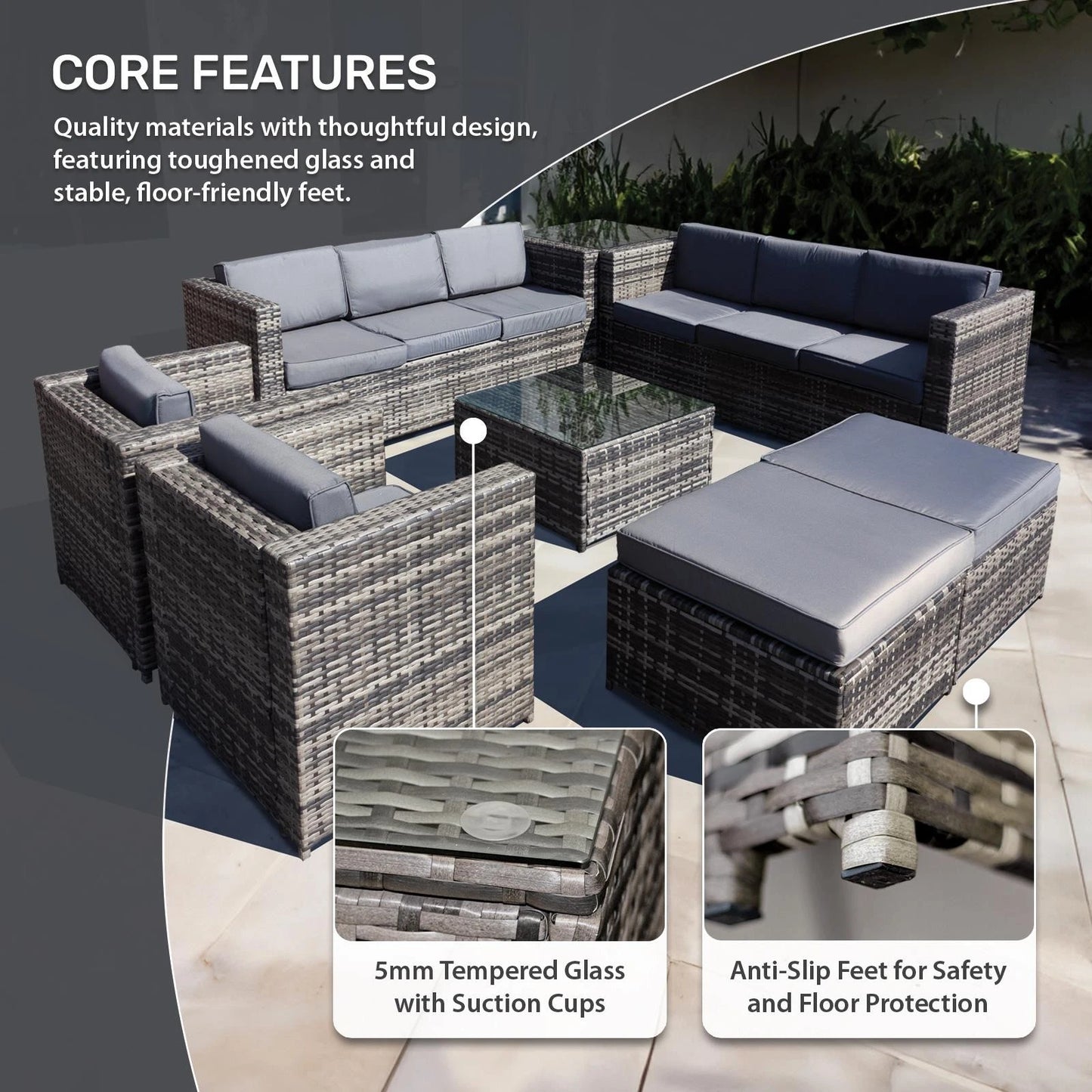 Malta Rattan 10 Seat Garden Patio Set in Grey Walnut with 2 Footstools