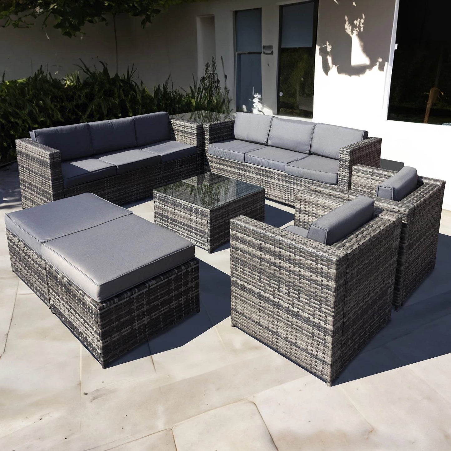 Malta Rattan 10 Seat Garden Patio Set in Grey Walnut with 2 Footstools