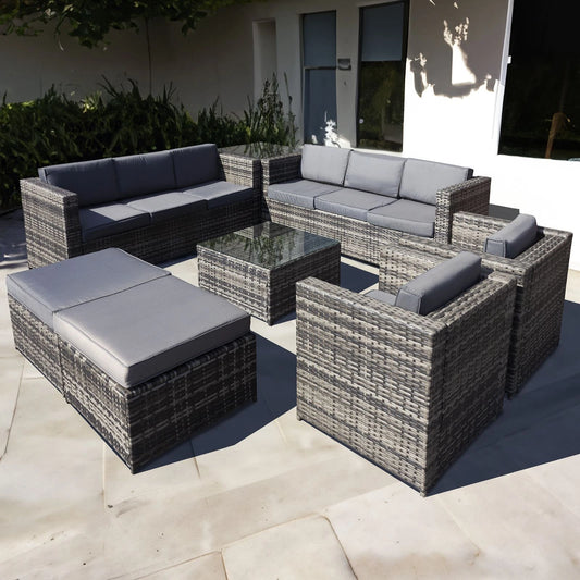 Malta Rattan 10 Seat Garden Patio Set in Grey Walnut with 2 Footstools